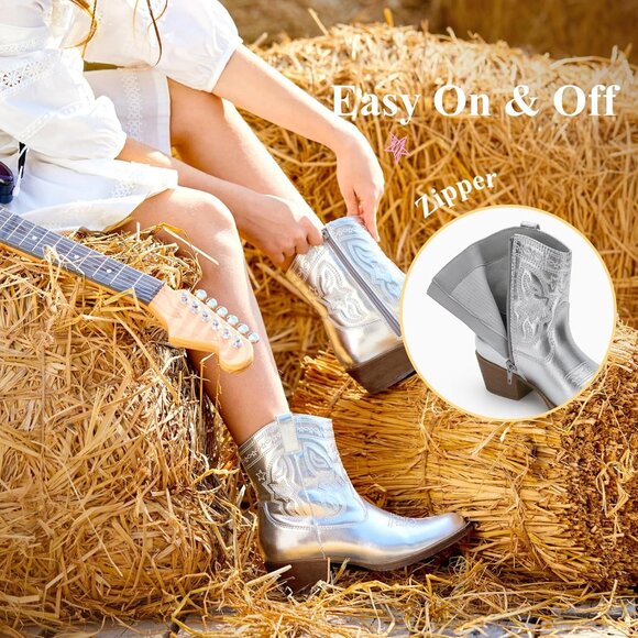 Girls Cowgirl Boots Western Riding Shoes with Zipper & Square Toe Shoes - Picture 5 of 7